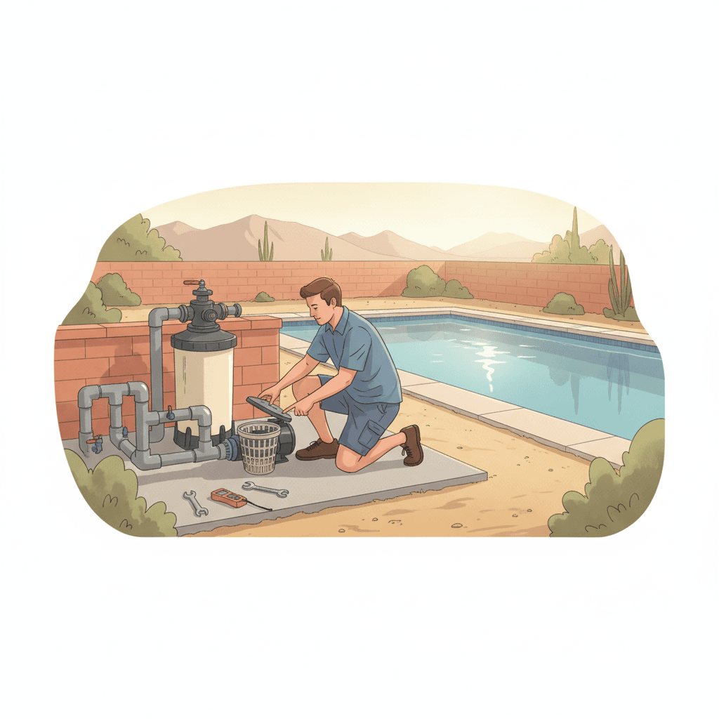Create a realistic editorial illustration of a residential pool equipment pad in Mesa: a skilled technician kneels beside an open pump basket and cartridge filter, carefully inspecting plumbing connec