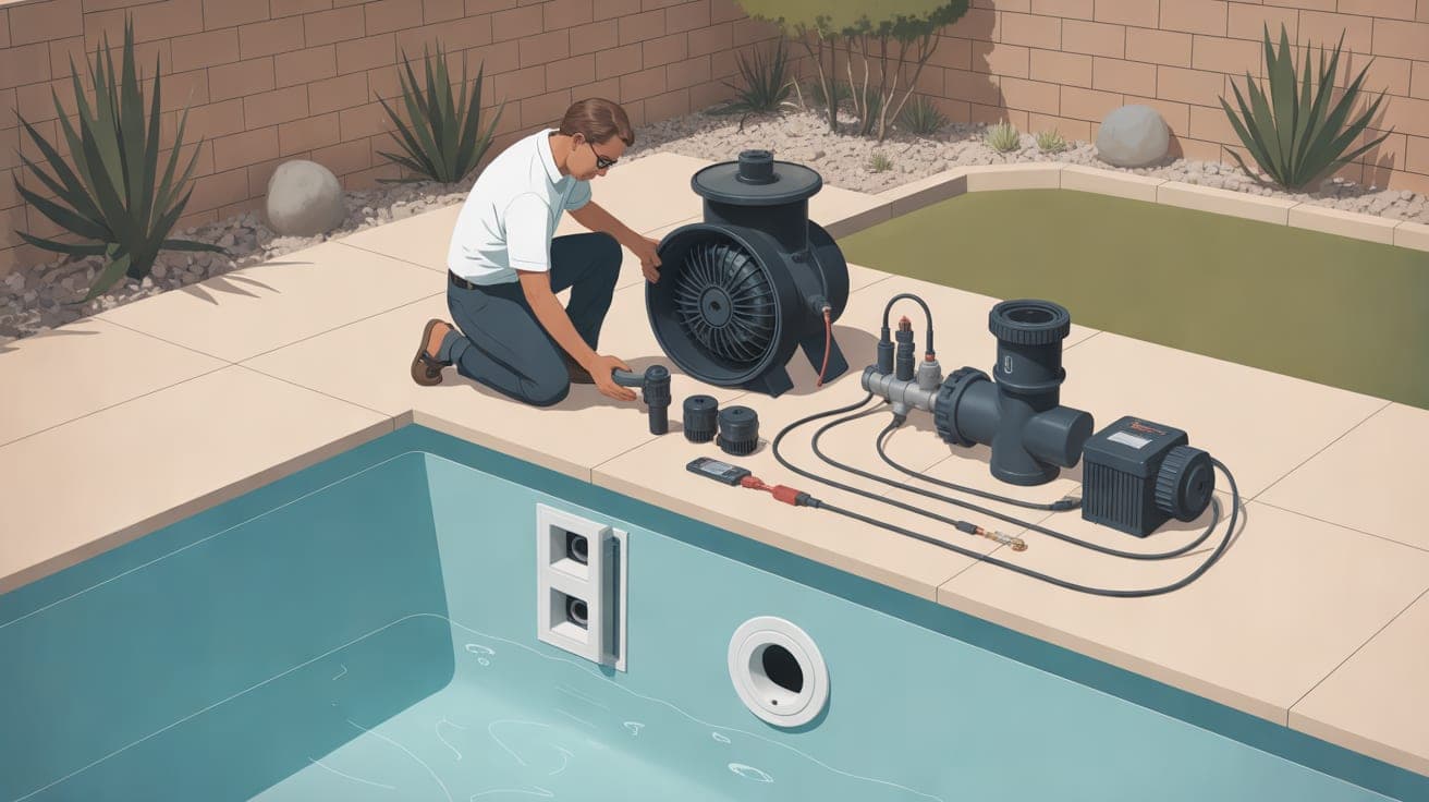 Create a realistic editorial illustration of a residential pool equipment pad in Chandler: a pool technician kneels beside