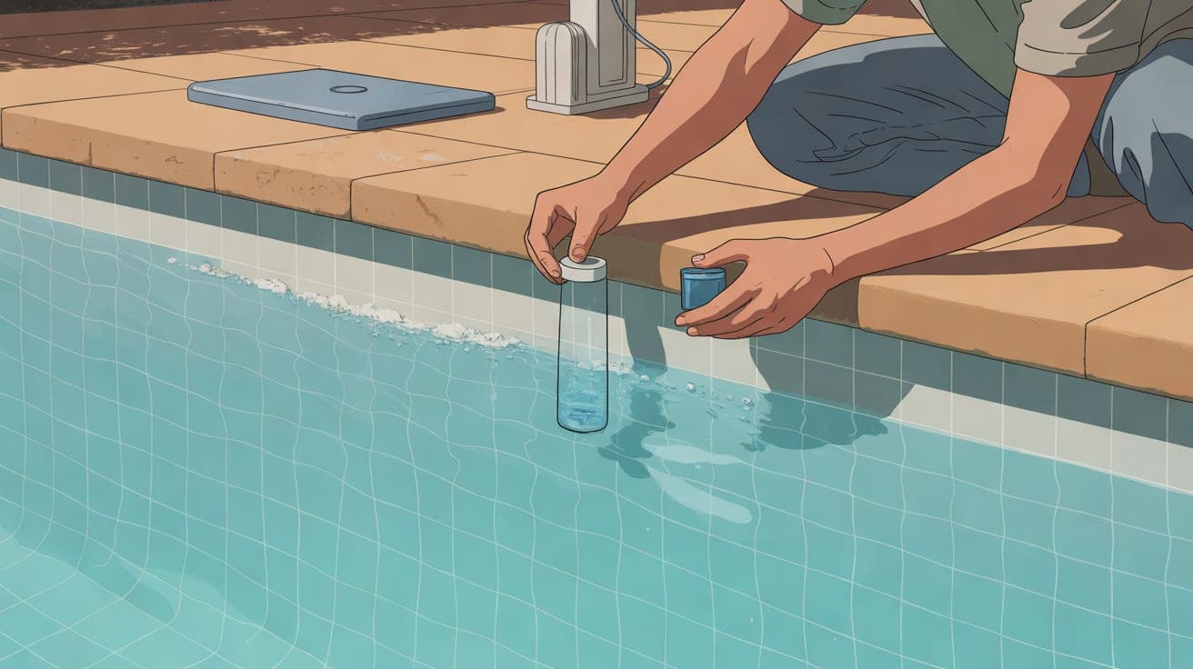 Create a polished editorial illustration of a Mesa backyard plaster pool in intense summer light, with a pool technician’s