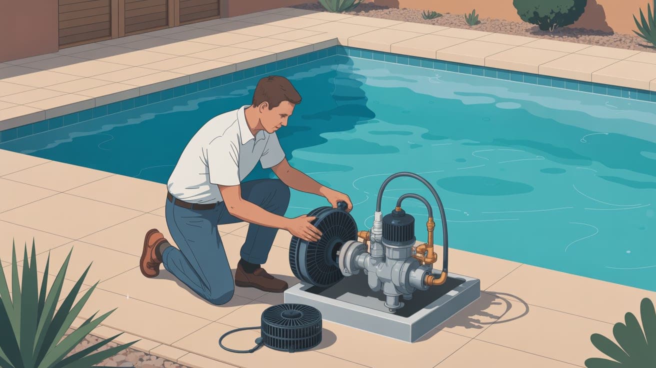 Create a realistic editorial illustration of a residential pool technician kneeling at a Mesa backyard equipment pad, closely inspecting an open pump basket and the connected filter, valves, and plumb