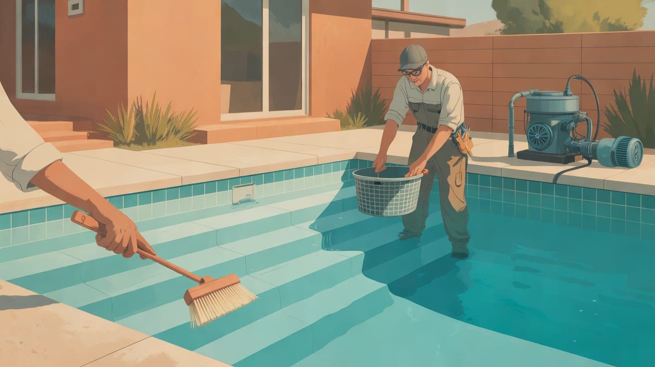 Create a polished editorial illustration of a residential Mesa backyard pool during a weekly service visit: a pool technician in neutral workwear tests water beside a clean skimmer basket while anothe