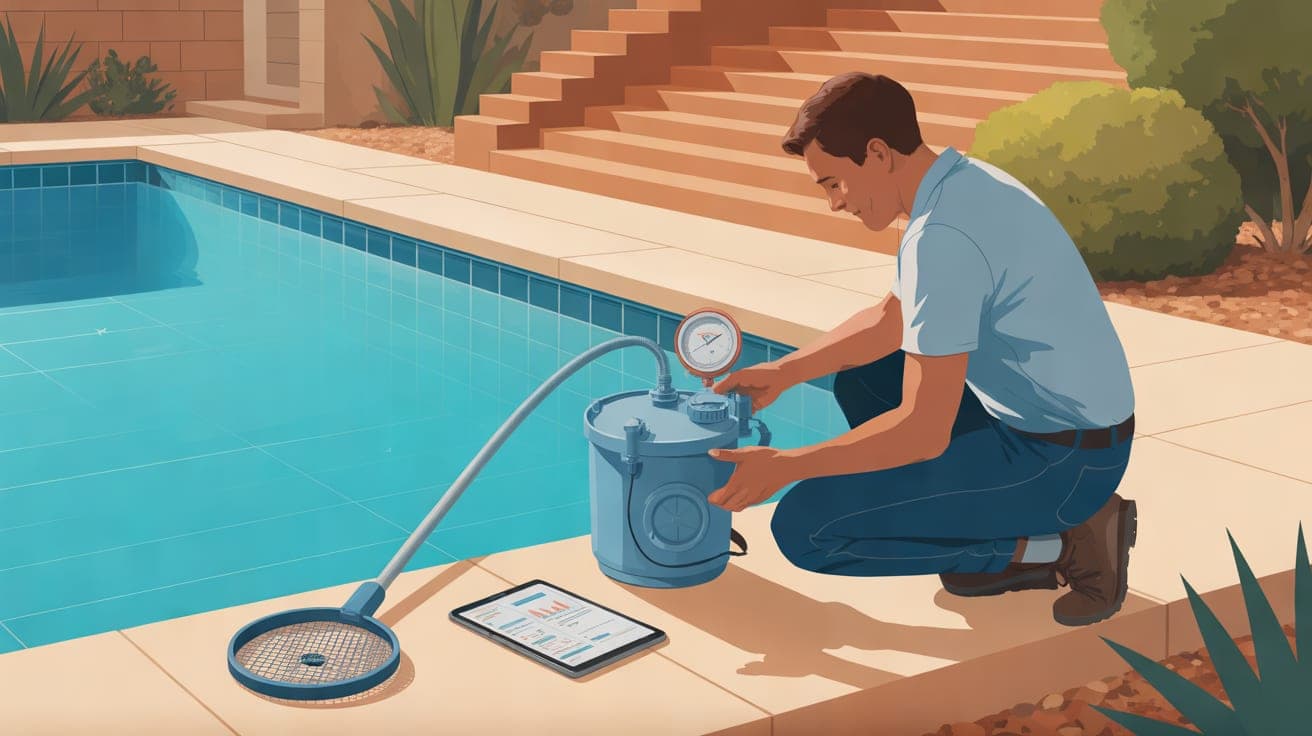 Create a realistic editorial illustration of a residential pool technician at a Mesa backyard equipment pad, checking a clear pump lid and filter pressure gauge while a clean blue pool, skimmer net, a