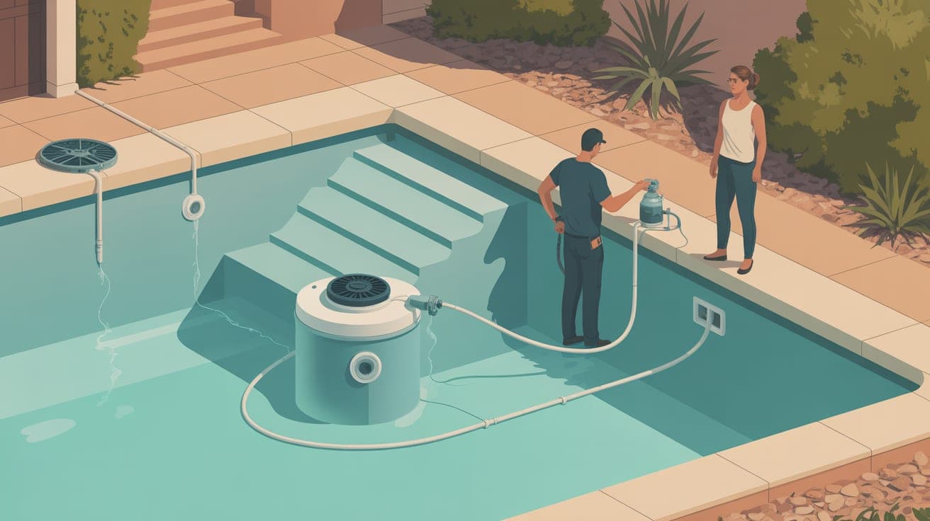 Create a realistic editorial illustration of a residential pool technician at a Tempe backyard equipment pad, tracing the circulation path from a clear pump lid and filter to return lines while a home