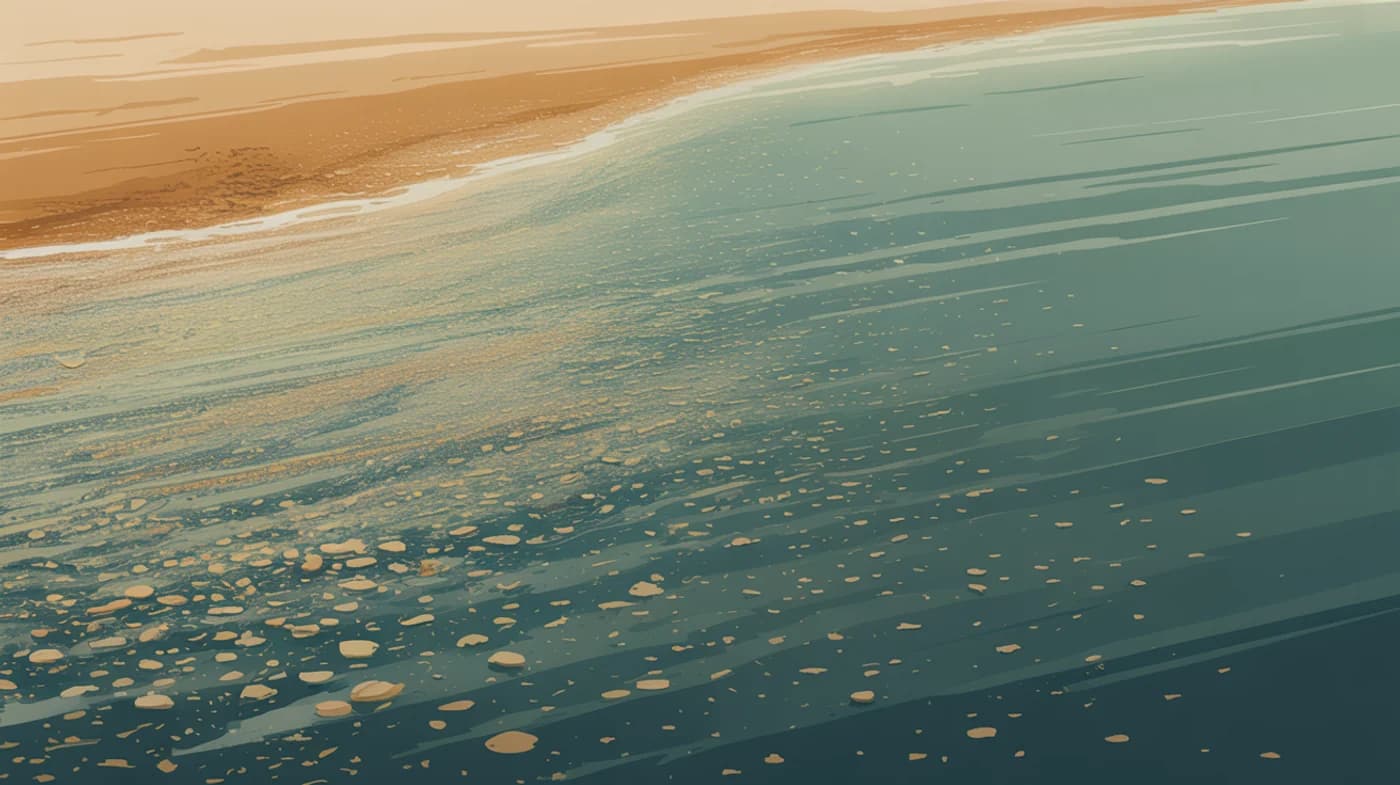 Fine suspended particles of varying sizes drifting through pool water, dense at the top and thinning to perfectly clear water below.