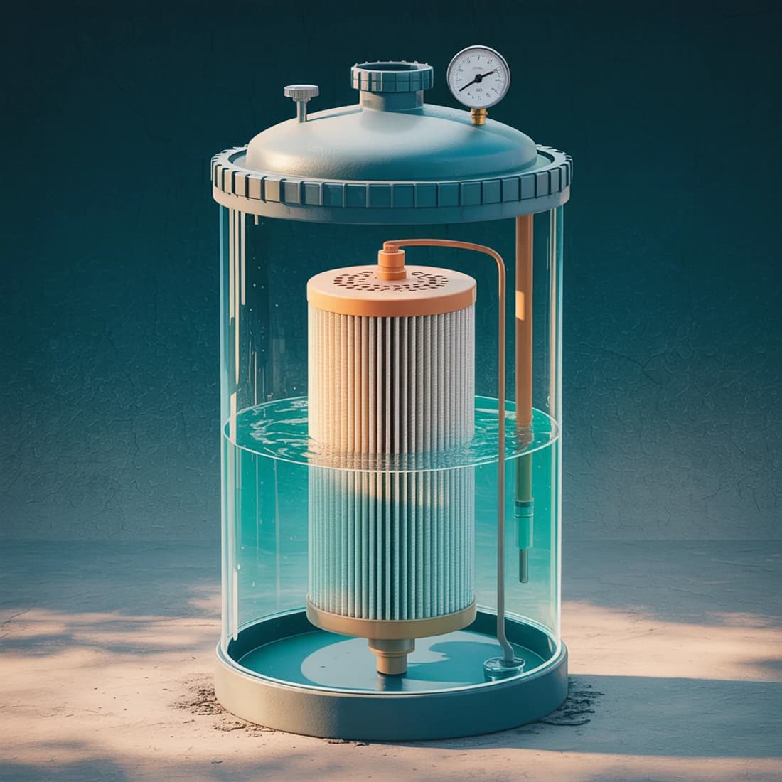 Cutaway of a pool cartridge filter: a clear cylindrical tank with a domed lid held by a clamp band, an air relief valve and pressure gauge on top, and a tall pleated filter element standing in water inside.