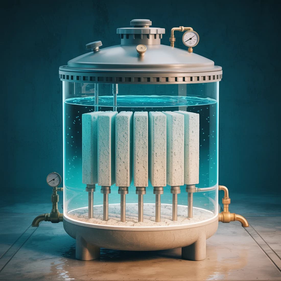 Cutaway of a pool DE filter: a tank sliced open to show flat vertical grids coated in pale diatomaceous earth powder, standing side by side and plugged into a manifold at the base, with a clamp band, air relief valve and pressure gauge on the lid.
