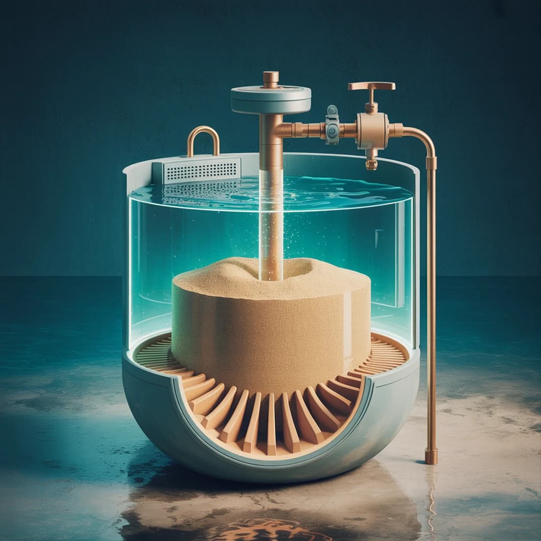 Cutaway of a pool sand filter: a tank sliced open to show a thick bed of filter sand, a central standpipe running down through it to radial slotted laterals at the base, a diffuser above the bed, and a multiport valve on top.