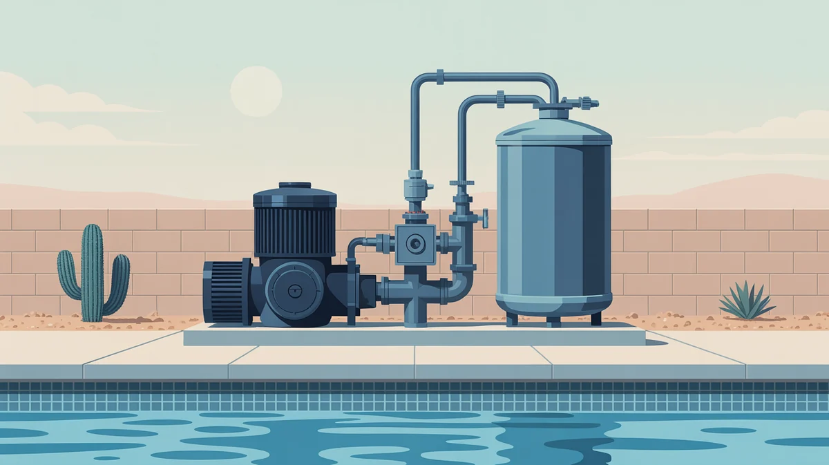 Illustration of a residential pool equipment pad: the pump and motor, the plumbing and valves, the filter tank, and the concrete pad beside the pool.