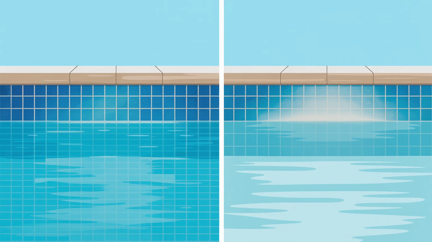 Two pool waterline tile sections compared — clean glossy tile against clear water on one side, and the same tile carrying a chalky white mineral band on the other.