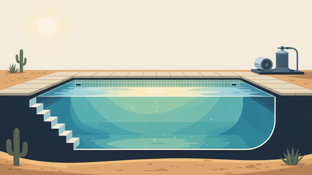 Cutaway illustration of a residential pool: the water surface, the tiled waterline and entry steps, the pool floor, the skimmer, the equipment pad with pump and filter, and the body of water — the six areas a cleaning visit covers.