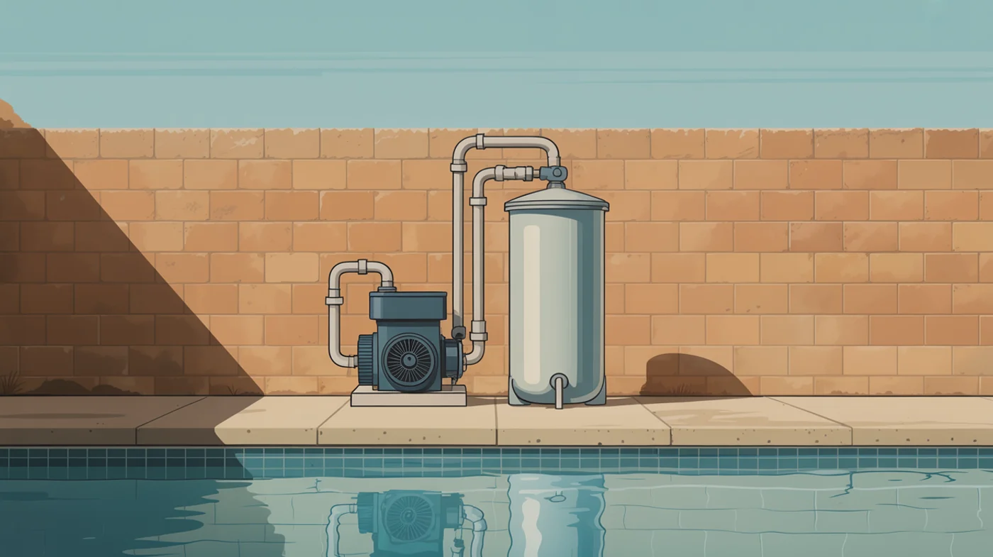 A tidy pool equipment pad with a pump and filter tank on a concrete slab, connected by neat PVC pipework with clear space around each component and open room above the filter lid.