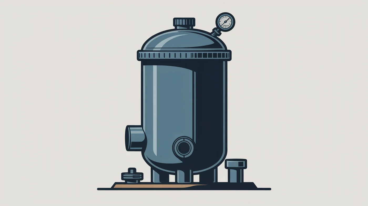 Pool filter tank illustration showing the pressure gauge, air relief valve, clamp band, inlet and outlet plumbing and drain.