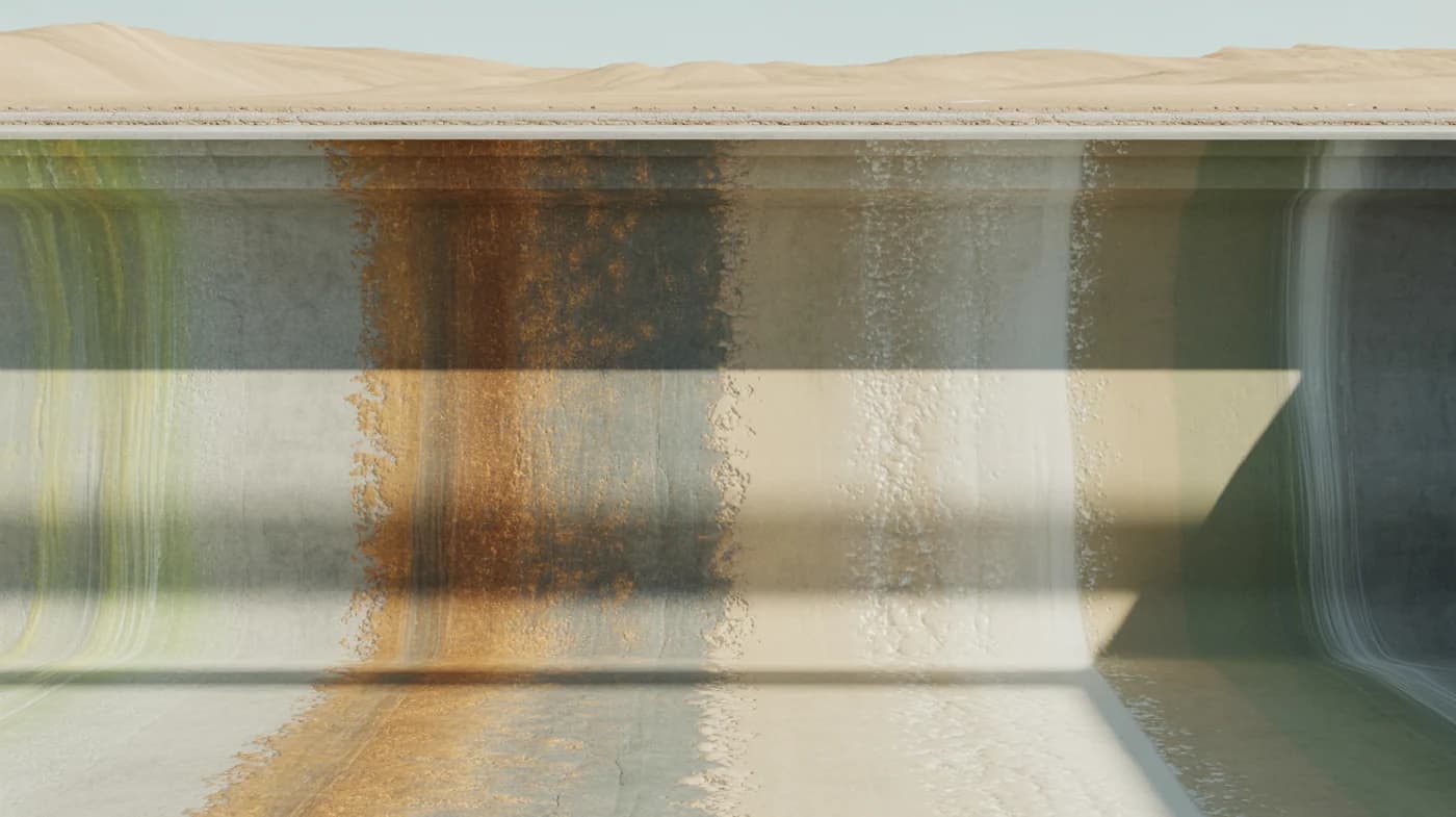 An empty pool plaster wall showing four kinds of discolouration side by side — a greenish organic shadow, a rust-brown metallic patch, a chalky white mineral crust, and general grey dinginess.