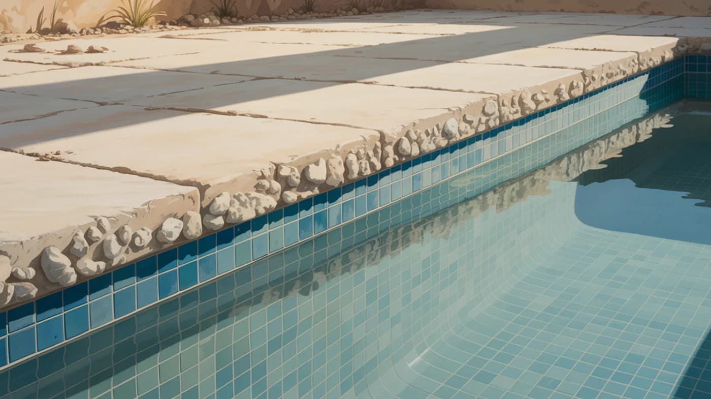 Close view of an empty pool waterline where blue mosaic tile meets plaster, with a thick chalky white mineral band built up along the tile.