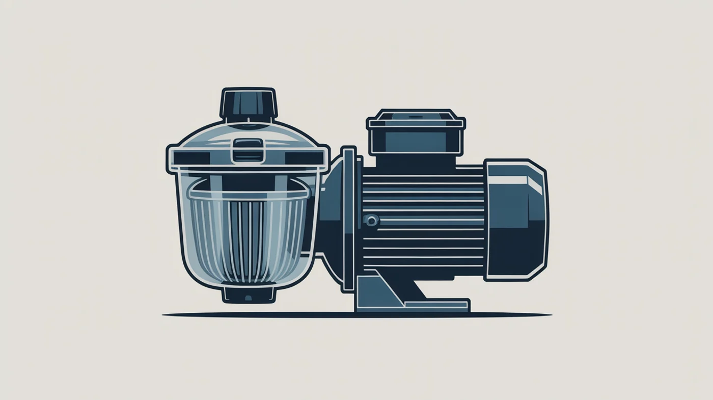 Pool pump illustration showing the strainer lid, basket, shaft seal area, volute housing and motor — the parts that account for most pump repairs.